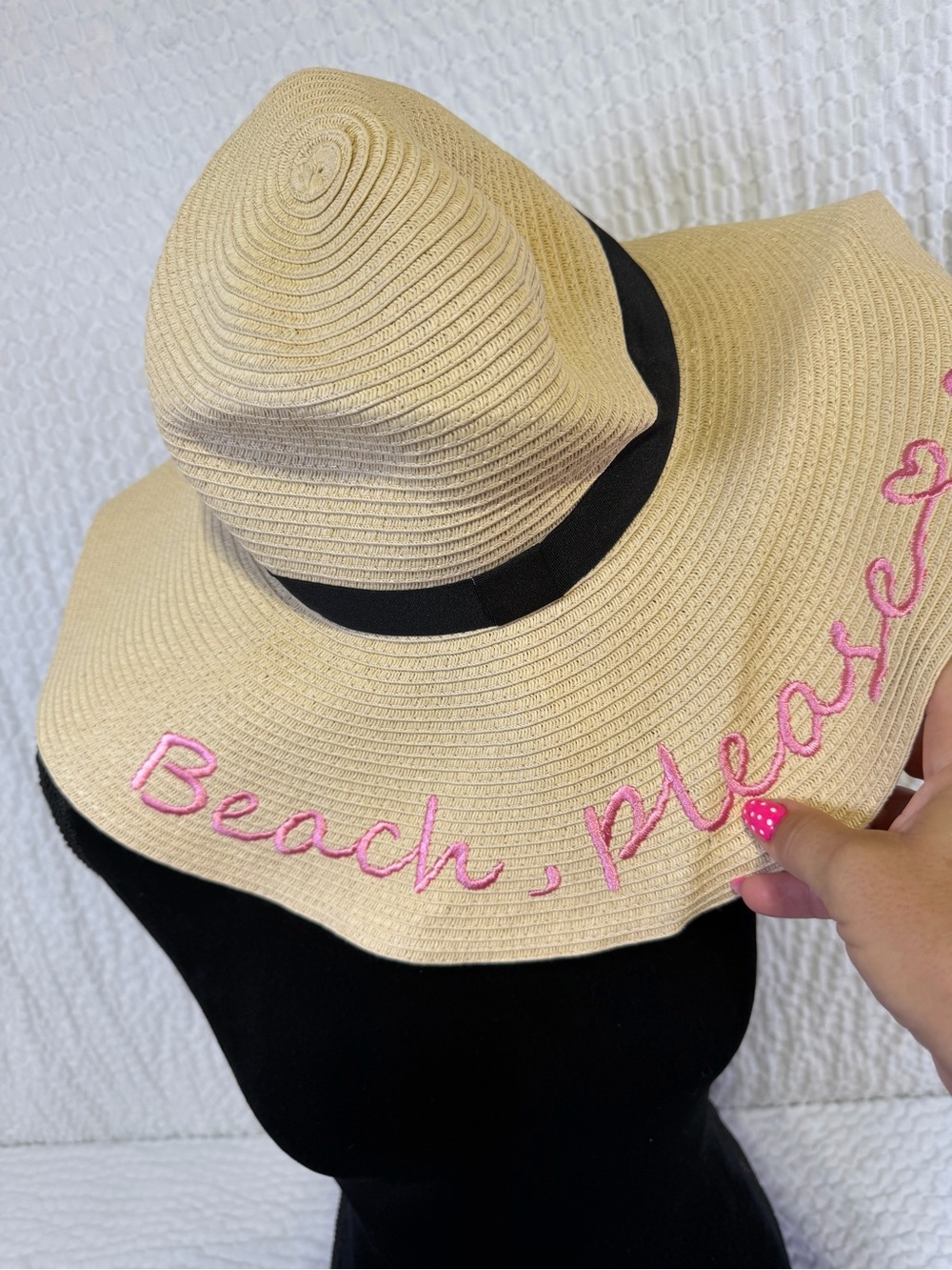 Serra Beige Wide-Brim Straw Hat with Pink Embroidery and Black Band